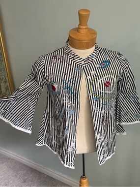 Embroidered Floral Abstract Stripe Blouse | Boho Artsy Top